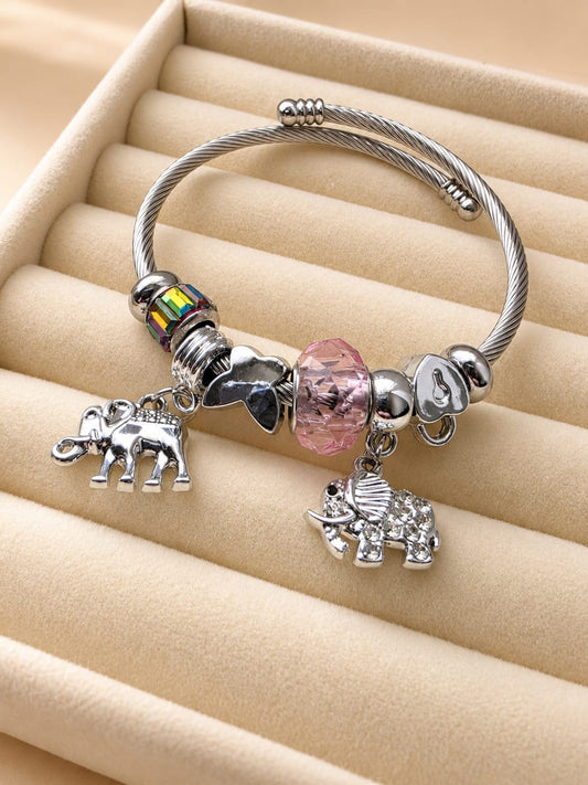 Silberfarbenes Charm-Armband mit Elefanten und rosa Perle
