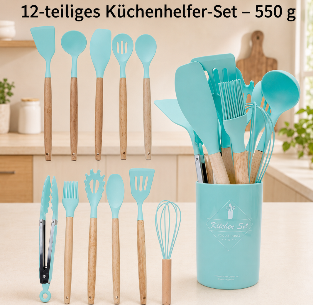 12-teiliges Silikon-Küchenhelfer-Set mit Holzgriffen