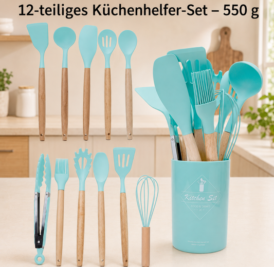 12-teiliges Silikon-Küchenhelfer-Set mit Holzgriffen