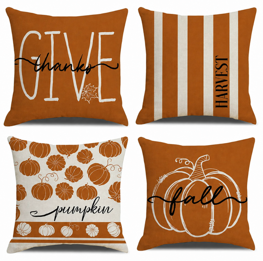 4-teiliges Herbst-Kissenbezug-Set mit Kürbismotiven