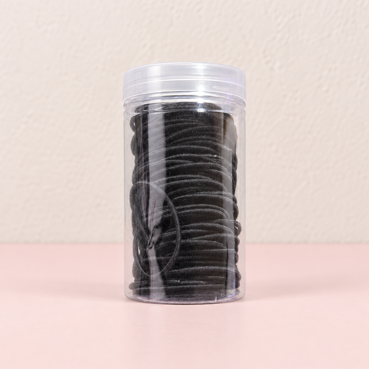 100 schwarze Haargummis in Dose