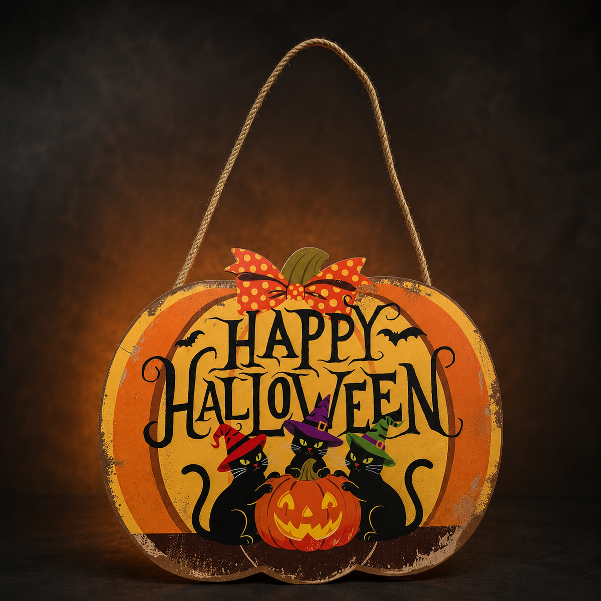 Happy-Halloween-Schild mit schwarzen Katzen
