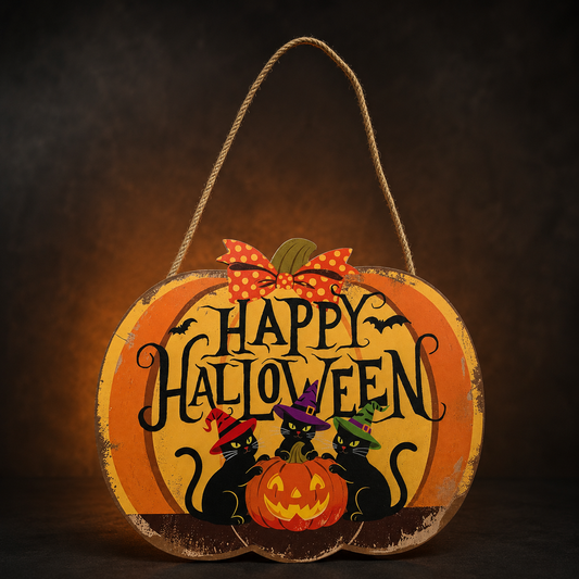 Happy-Halloween-Schild mit schwarzen Katzen